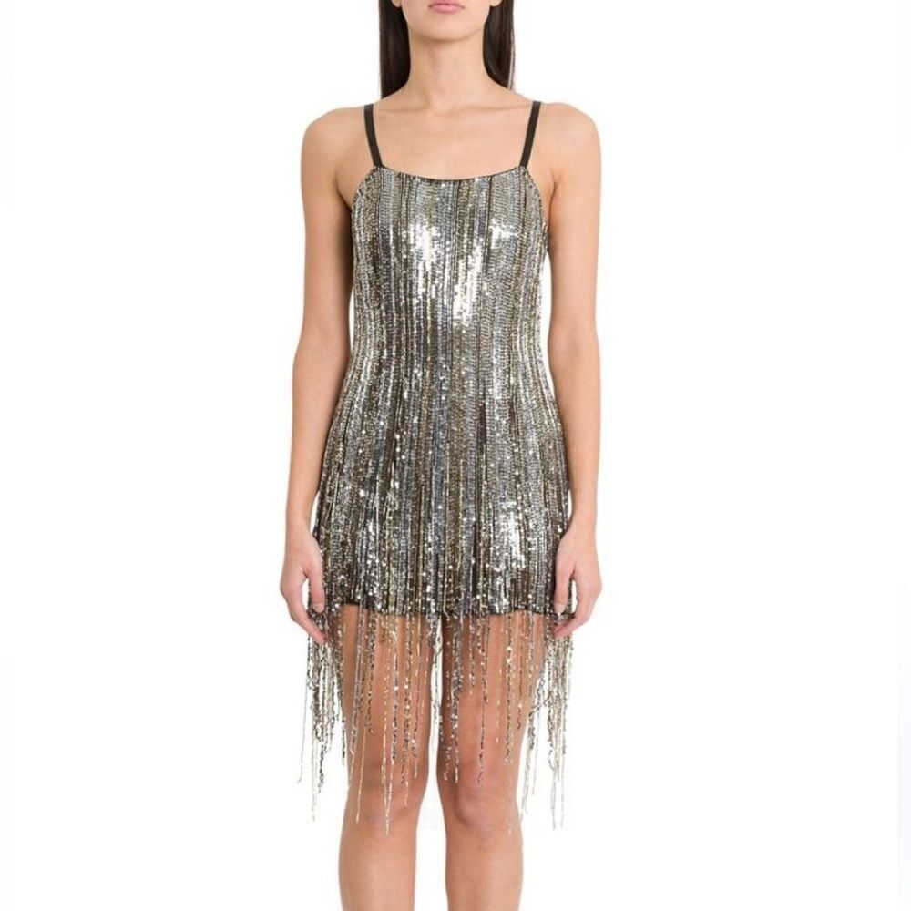 AMEN silver fringe dress black silver mini beaded cocktail party S New $1755